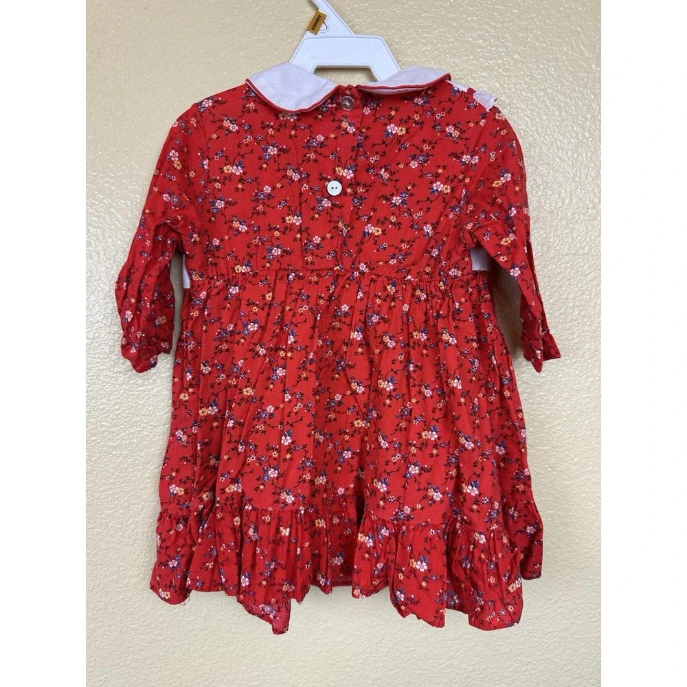 Vintage 1970 12m Girls Prairie Red Floral Dress Pinafore Embroidered 100% Cotton